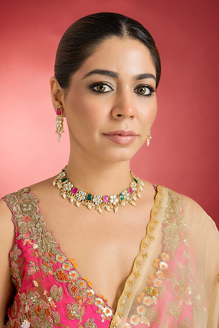 Rose Gold Finish Multi-Colored Jadau Kundan Polki Choker Necklace Set by Swabhimann Jewellery at Pernia's Pop Up Shop