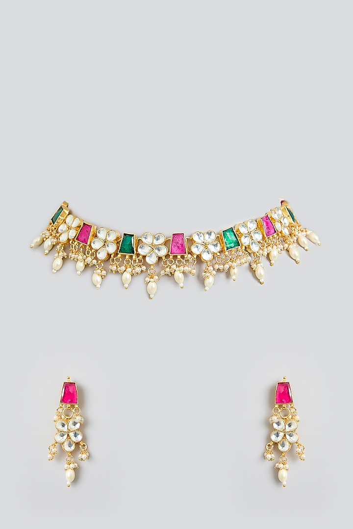Rose Gold Finish Multi-Colored Jadau Kundan Polki Choker Necklace Set by Swabhimann Jewellery at Pernia's Pop Up Shop