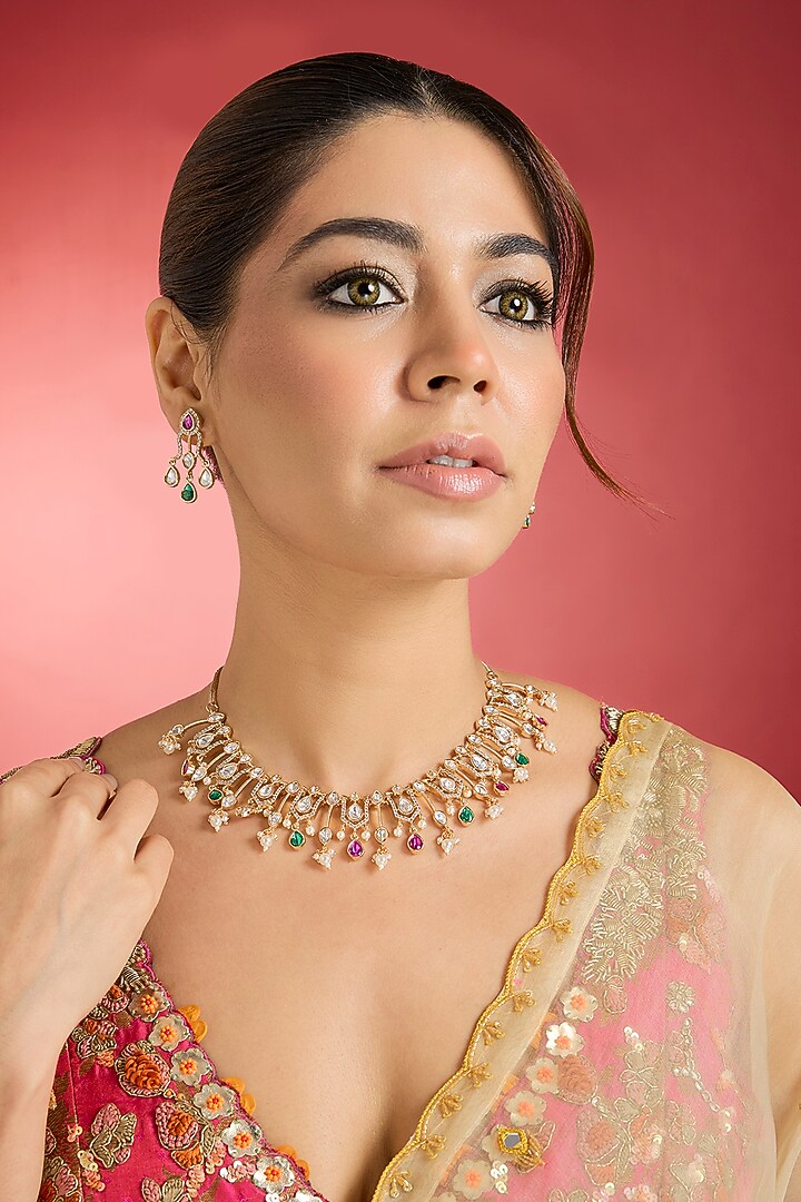 Rose Gold Finish Multi-Colored Jadau Kundan Polki Choker Necklace Set by Swabhimann Jewellery at Pernia's Pop Up Shop