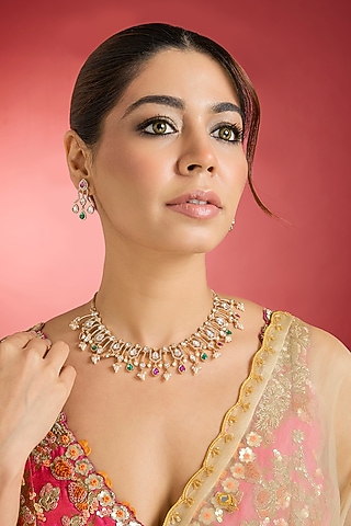 Rose Gold Finish Multi-Colored Jadau Kundan Polki Choker Necklace Set by Swabhimann Jewellery