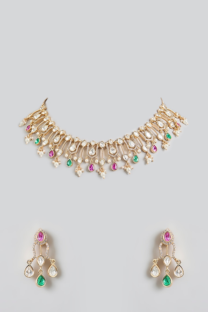 Rose Gold Finish Multi-Colored Jadau Kundan Polki Choker Necklace Set by Swabhimann Jewellery at Pernia's Pop Up Shop