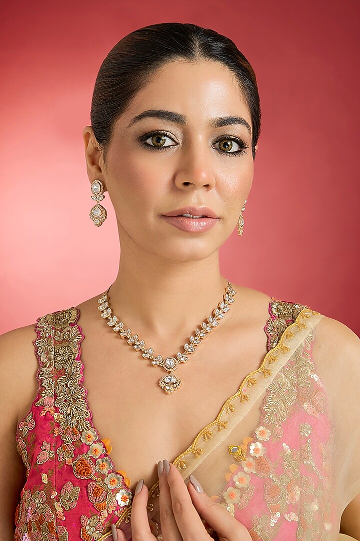 Rose Gold Finish Kundan Polki Pendant Necklace Set by Swabhimann Jewellery at Pernia's Pop Up Shop