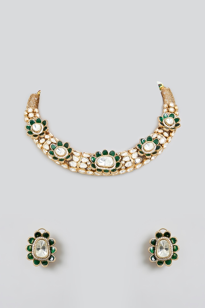 Rose Gold Finish Green Kundan Polki Hasli Necklace Set by Swabhimann Jewellery at Pernia's Pop Up Shop