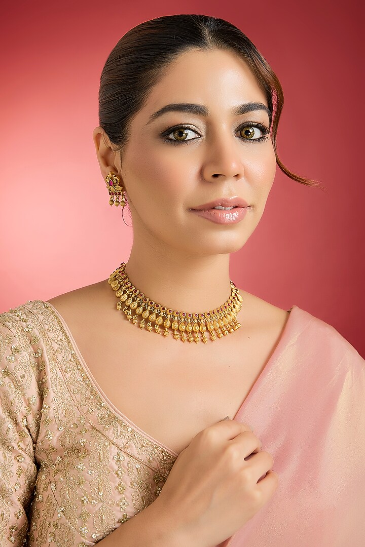 Gold Finish Red Stone Temple Choker Necklace Set by Swabhimann Jewellery at Pernia's Pop Up Shop