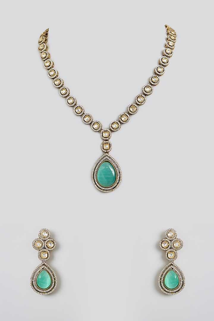 Gold Finish Green Kundan Polki Pendant Necklace Set by Swabhimann Jewellery at Pernia's Pop Up Shop