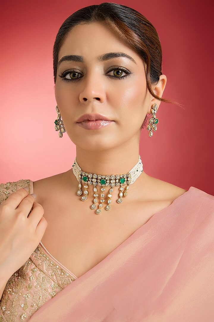 Rose Gold Finish Green Kundan Polki Choker Necklace Set by Swabhimann Jewellery at Pernia's Pop Up Shop