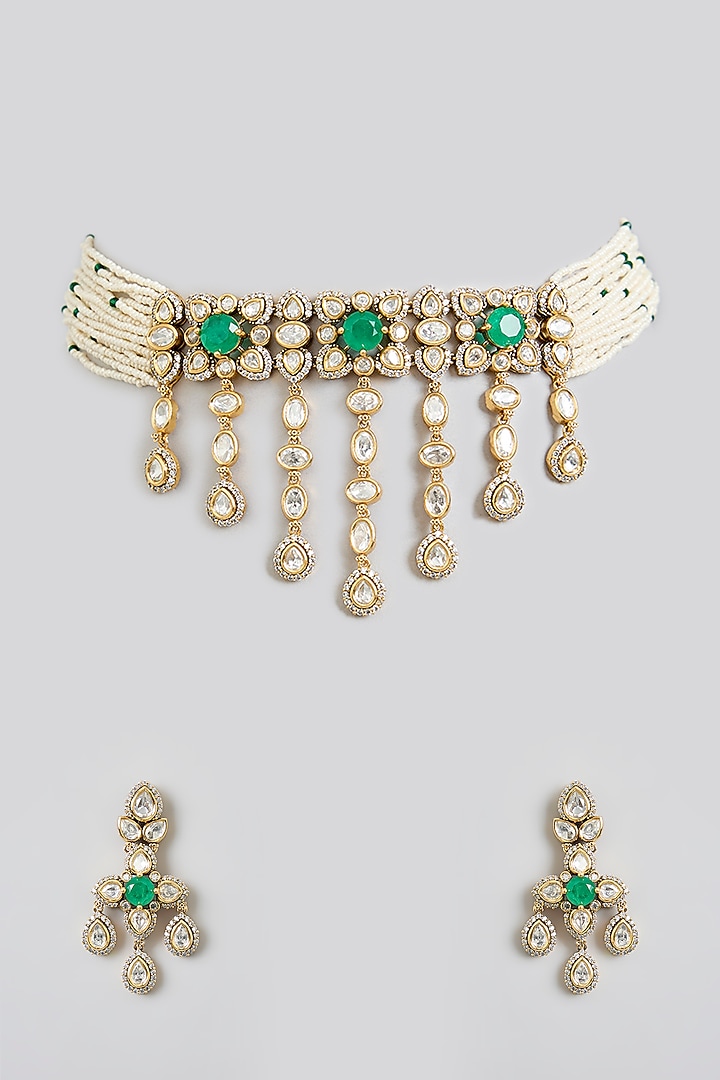 Rose Gold Finish Green Kundan Polki Choker Necklace Set by Swabhimann Jewellery at Pernia's Pop Up Shop