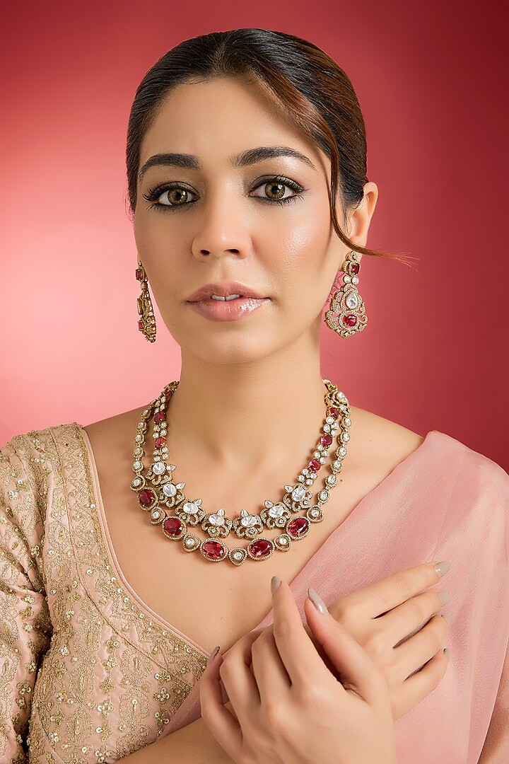 Rose Gold Finish Ruby & Kundan Polki Layered Necklace Set by Swabhimann Jewellery at Pernia's Pop Up Shop