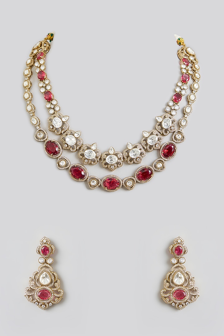 Rose Gold Finish Ruby & Kundan Polki Layered Necklace Set by Swabhimann Jewellery at Pernia's Pop Up Shop