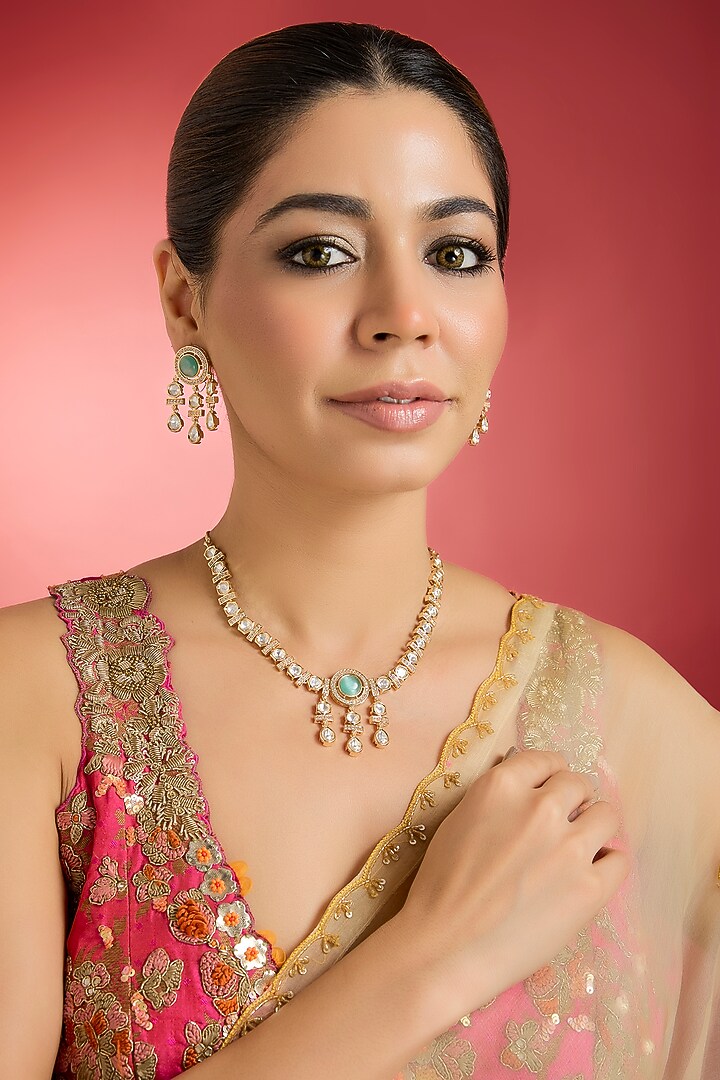 Rose Gold Finish Green Kundan Polki Necklace Set by Swabhimann Jewellery at Pernia's Pop Up Shop