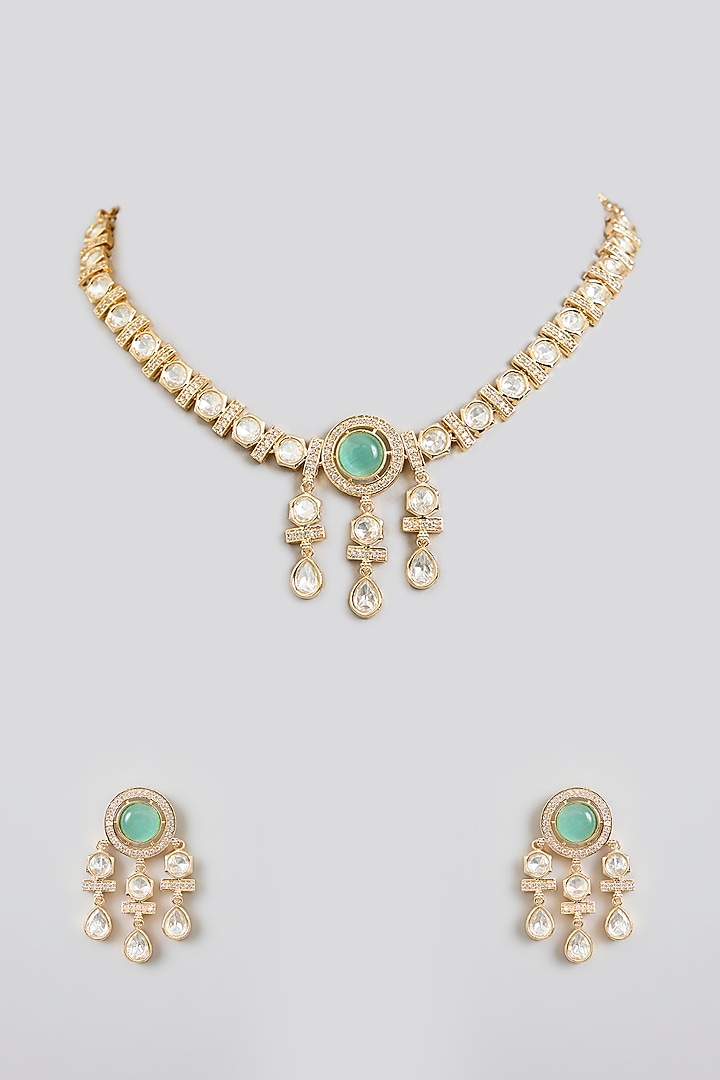 Rose Gold Finish Green Kundan Polki Necklace Set by Swabhimann Jewellery at Pernia's Pop Up Shop