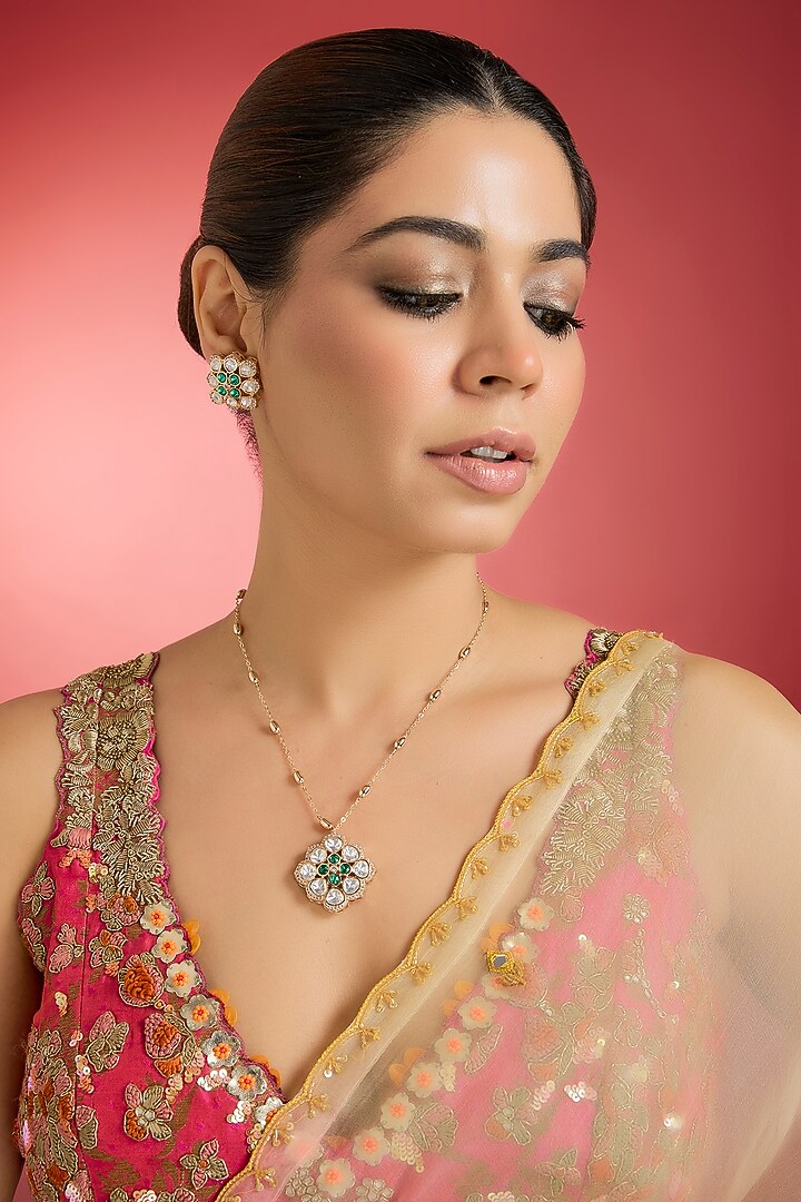 Rose Gold Finish Green Kundan Polki Pendant Necklace Set by Swabhimann Jewellery at Pernia's Pop Up Shop