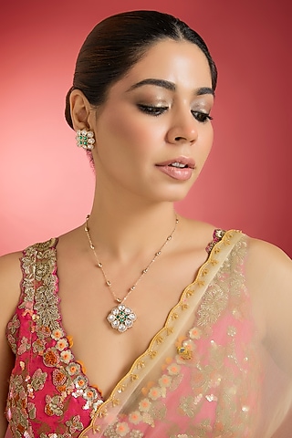Rose Gold Finish Green Kundan Polki Pendant Necklace Set by Swabhimann Jewellery