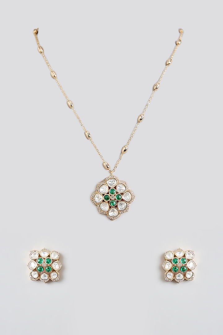Rose Gold Finish Green Kundan Polki Pendant Necklace Set by Swabhimann Jewellery at Pernia's Pop Up Shop
