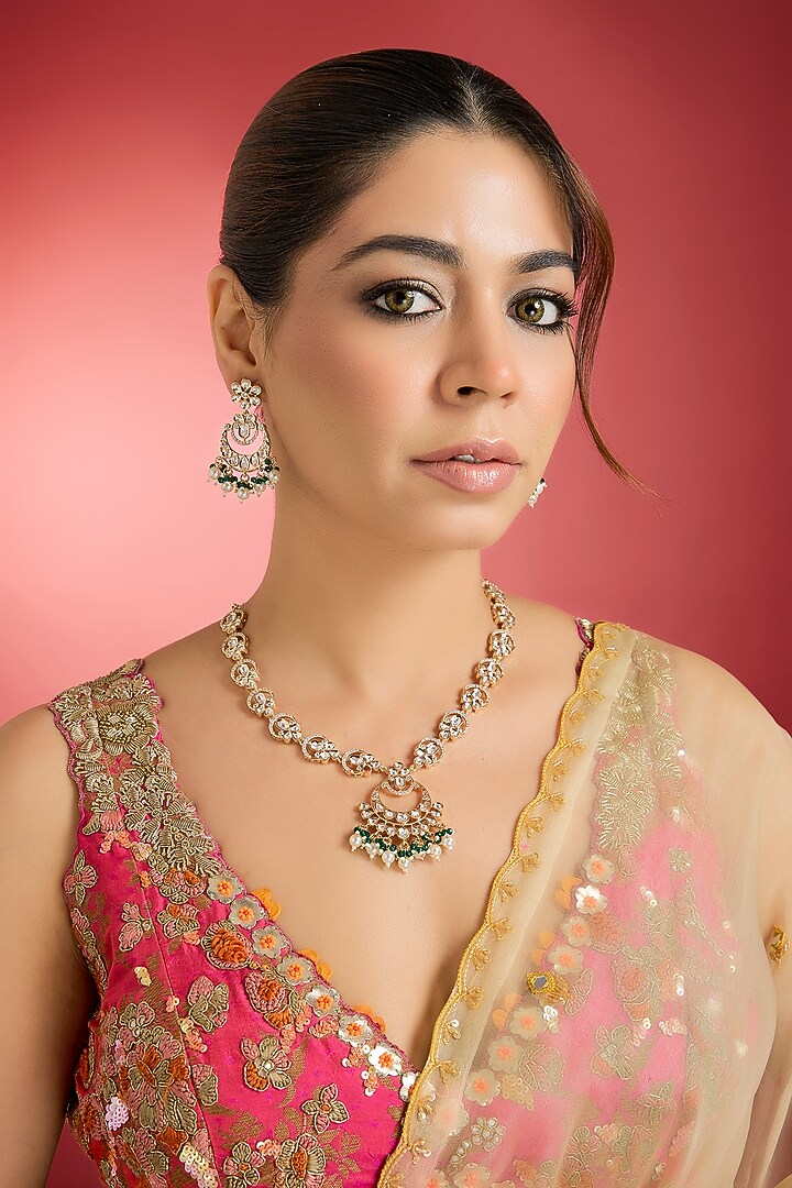 Rose Gold Finish Green Kundan Polki Pendant Necklace Set by Swabhimann Jewellery at Pernia's Pop Up Shop