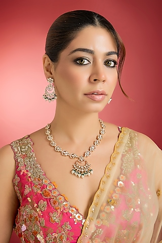 Rose Gold Finish Green Kundan Polki Pendant Necklace Set by Swabhimann Jewellery