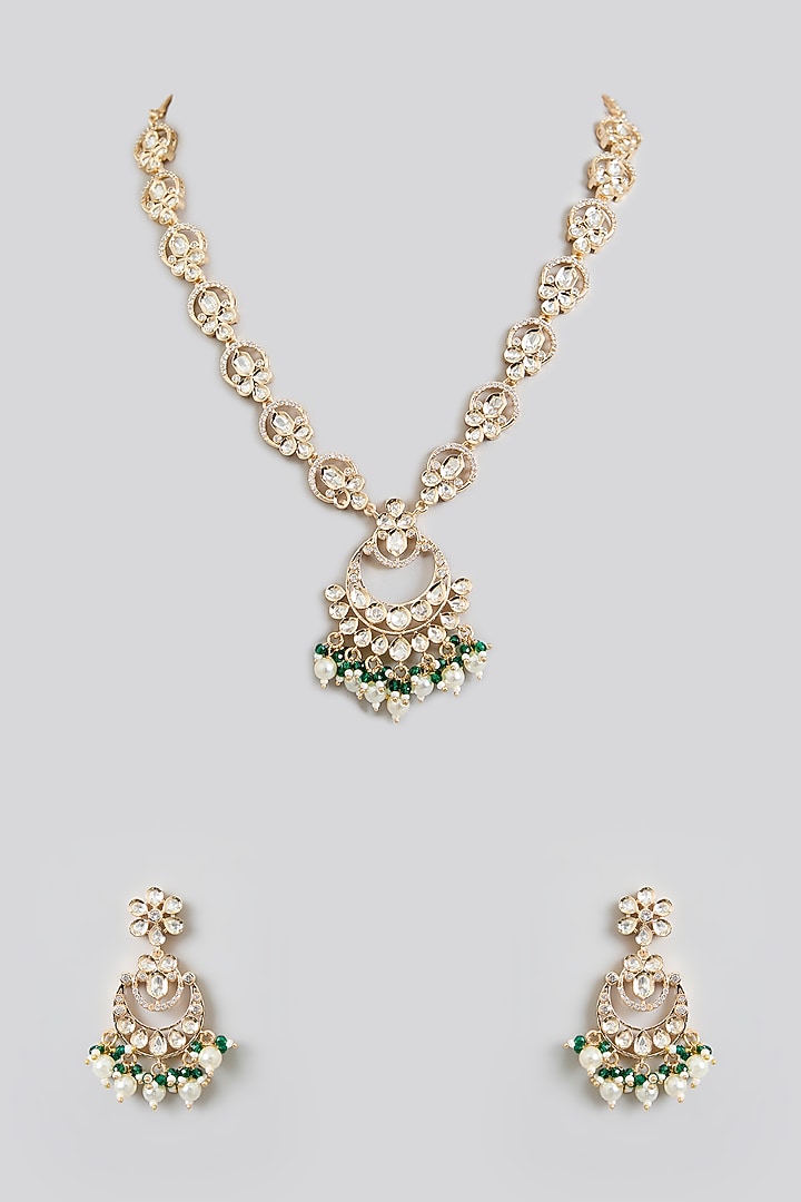 Rose Gold Finish Green Kundan Polki Pendant Necklace Set by Swabhimann Jewellery at Pernia's Pop Up Shop