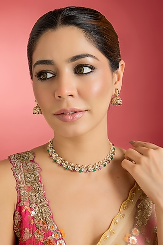 Gold Finish Multi-Colored Stone Temple Choker Necklace Set by Swabhimann Jewellery