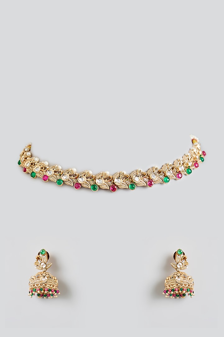 Gold Finish Multi-Colored Stone Temple Choker Necklace Set by Swabhimann Jewellery at Pernia's Pop Up Shop