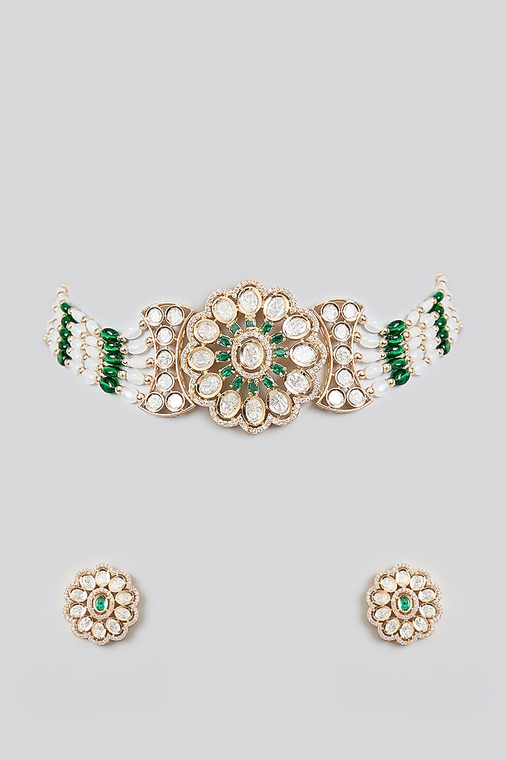 Rose Gold Finish Green Kundan Polki Choker Necklace Set by Swabhimann Jewellery at Pernia's Pop Up Shop