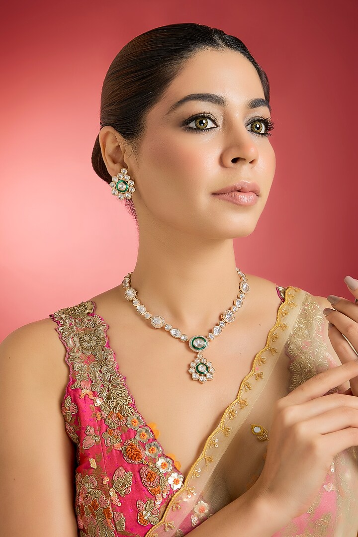 Rose Gold Finish Green Kundan Polki Necklace Set by Swabhimann Jewellery at Pernia's Pop Up Shop