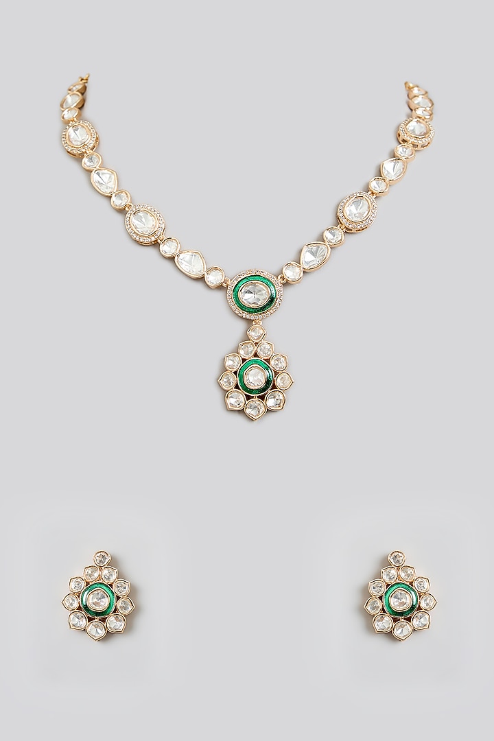 Rose Gold Finish Green Kundan Polki Necklace Set by Swabhimann Jewellery at Pernia's Pop Up Shop