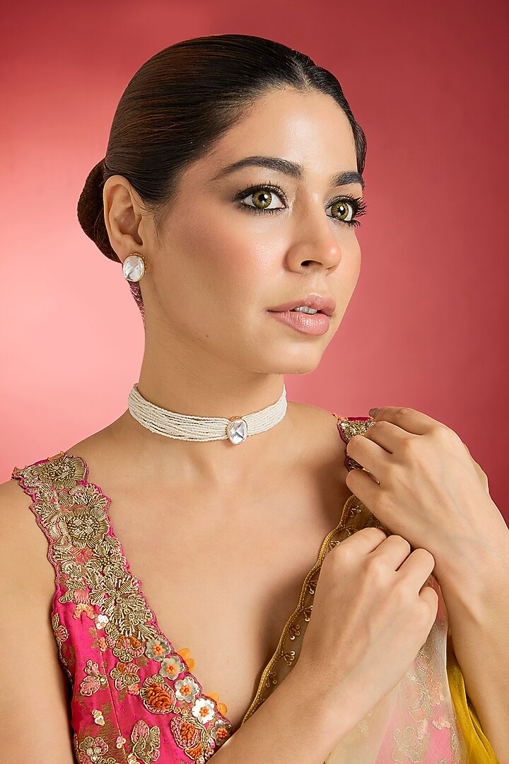 Gold Finish Kundan Polki & Pearl Choker Necklace Set by Swabhimann Jewellery at Pernia's Pop Up Shop