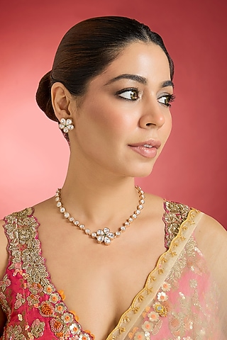 Rose Gold Finish Kundan Polki Necklace Set by Swabhimann Jewellery