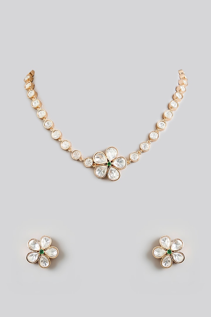 Rose Gold Finish Kundan Polki Necklace Set by Swabhimann Jewellery at Pernia's Pop Up Shop