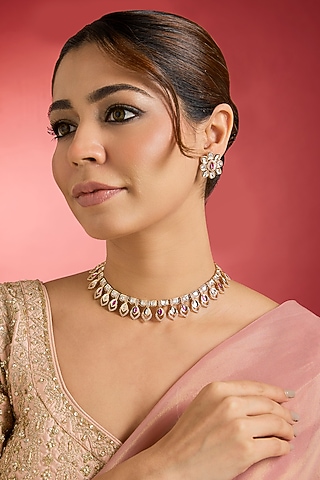 Rose Gold Finish Ruby & Kundan Polki Necklace Set by Swabhimann Jewellery