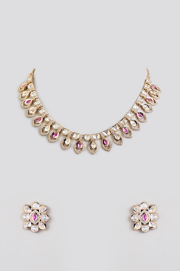 Rose Gold Finish Ruby & Kundan Polki Necklace Set by Swabhimann Jewellery at Pernia's Pop Up Shop
