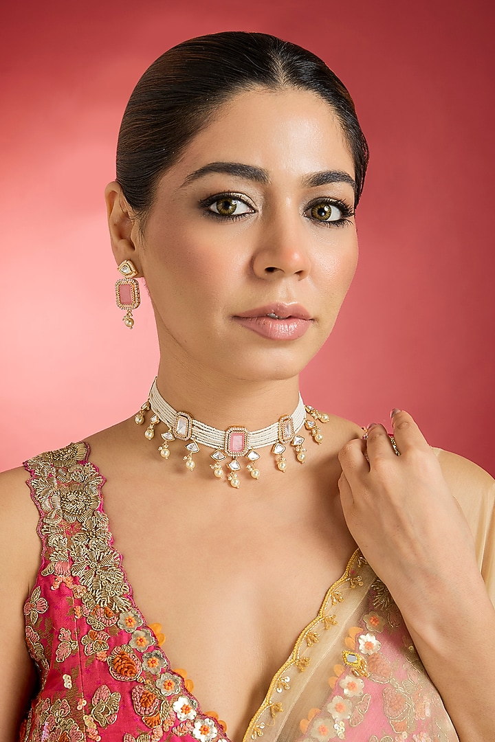 Rose Gold Finish Rose Quartz & Kundan Polki Choker Necklace Set by Swabhimann Jewellery at Pernia's Pop Up Shop