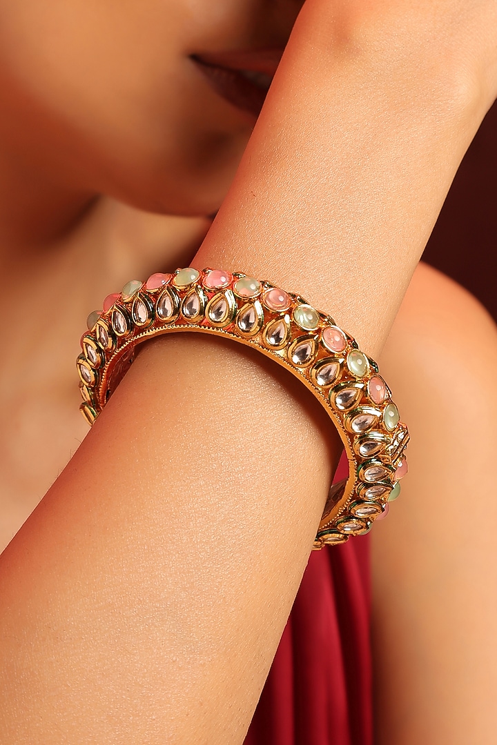 Gold Finish Kundan Polki & Multi-Colored Stone Bangle by Swabhimann Jewellery at Pernia's Pop Up Shop