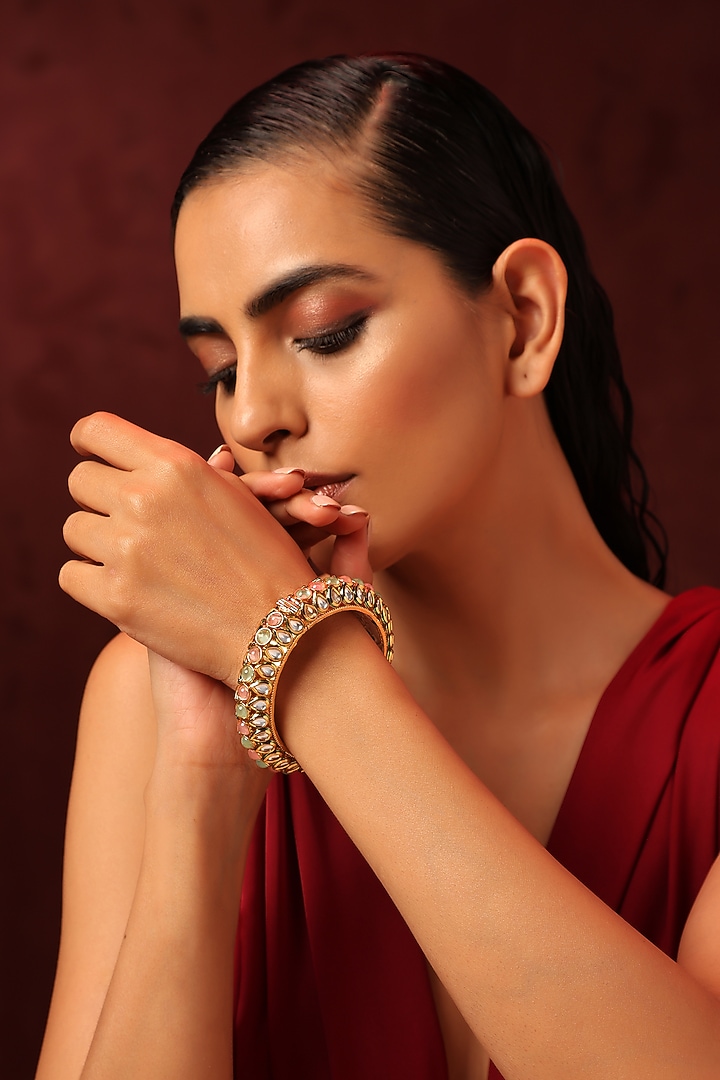 Gold Finish Kundan Polki & Multi-Colored Stone Bangle by Swabhimann Jewellery at Pernia's Pop Up Shop