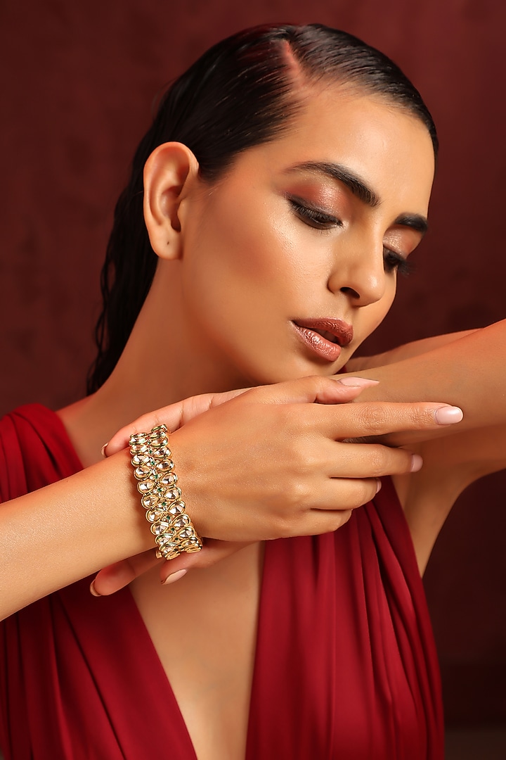 Gold Finish Kundan Polki & Green Stone Bangle by Swabhimann Jewellery at Pernia's Pop Up Shop