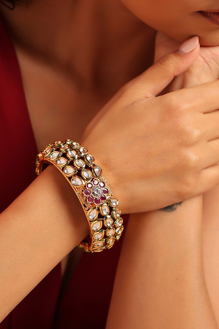 Gold Finish Kundan Polki & Red Stone Bangle by Swabhimann Jewellery at Pernia's Pop Up Shop