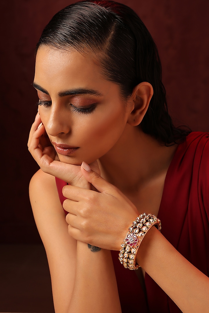 Gold Finish Kundan Polki & Red Stone Bangle by Swabhimann Jewellery at Pernia's Pop Up Shop