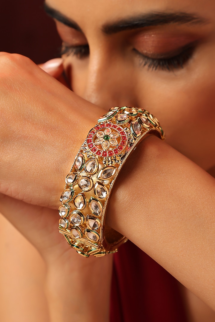 Gold Finish Kundan Polki & Multi-Colored Stone Bangle by Swabhimann Jewellery at Pernia's Pop Up Shop