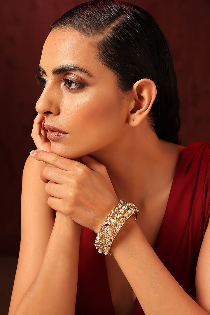 Gold Finish Kundan Polki & Multi-Colored Stone Bangle by Swabhimann Jewellery at Pernia's Pop Up Shop