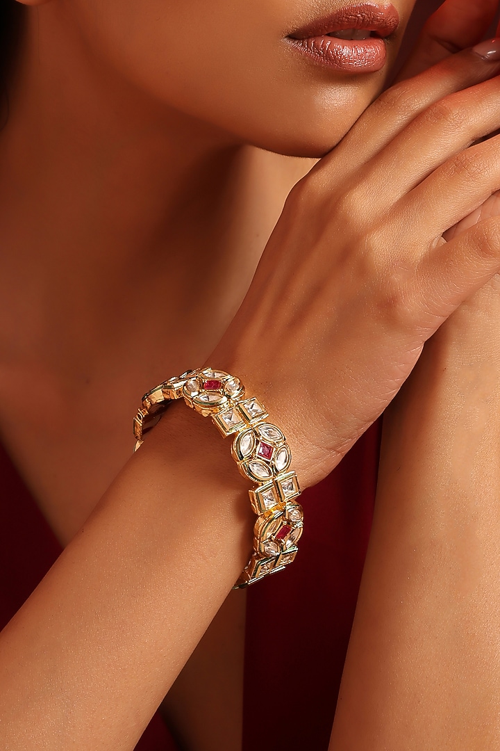 Gold Finish Kundan Polki & Red Stone Bangle by Swabhimann Jewellery at Pernia's Pop Up Shop