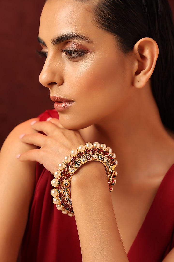 Gold Finish Kundan Polki & Multi-Colored Stone Bangle by Swabhimann Jewellery at Pernia's Pop Up Shop