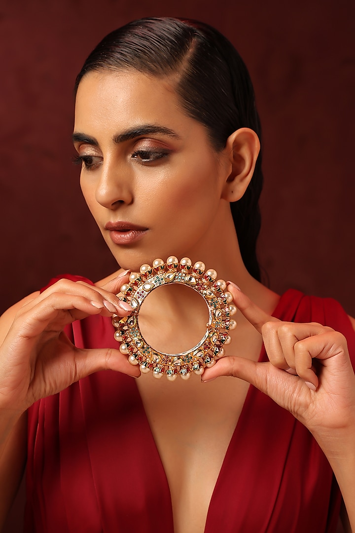 Gold Finish Kundan Polki & Multi-Colored Stone Bangle by Swabhimann Jewellery at Pernia's Pop Up Shop