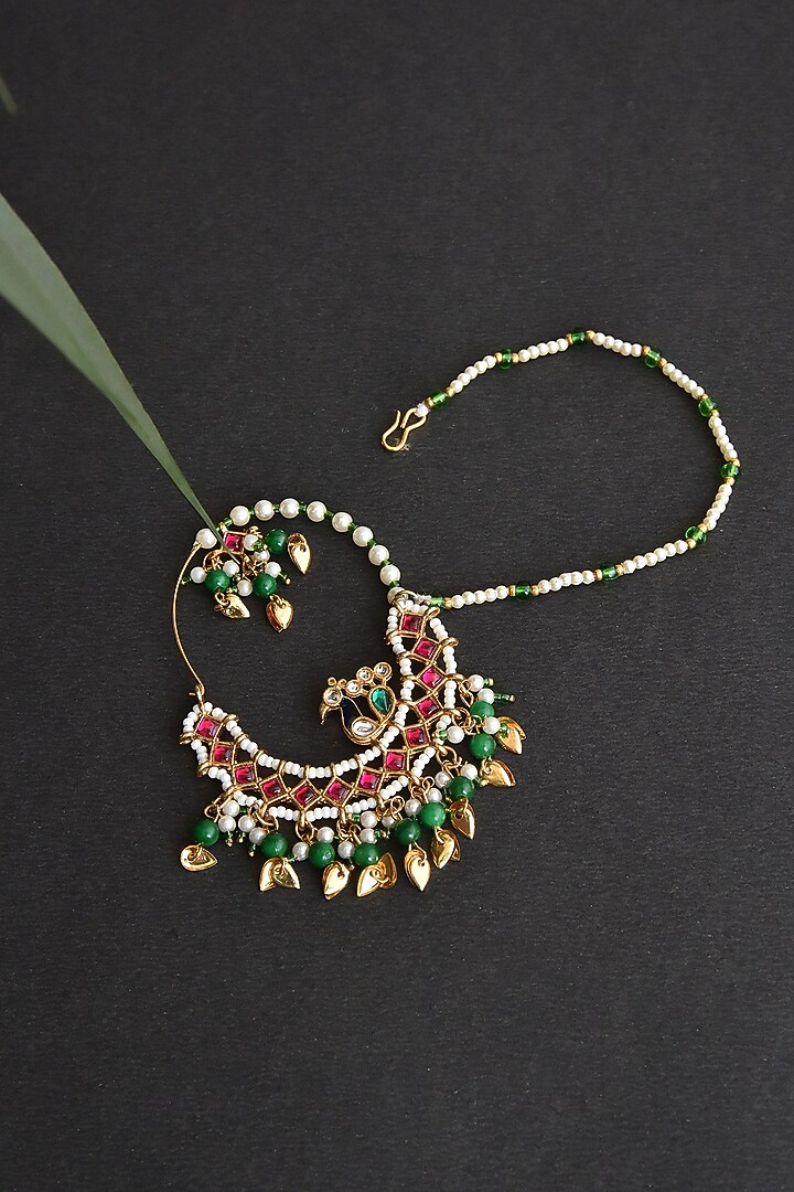 Gold Finish Kundan Polki & Pearl Nose Ring by Swabhimann Jewellery at Pernia's Pop Up Shop