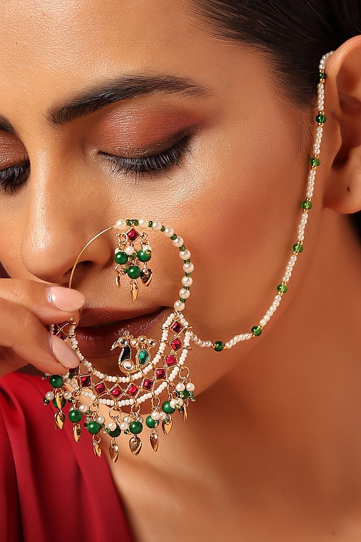 Gold Finish Kundan Polki & Pearl Nose Ring by Swabhimann Jewellery