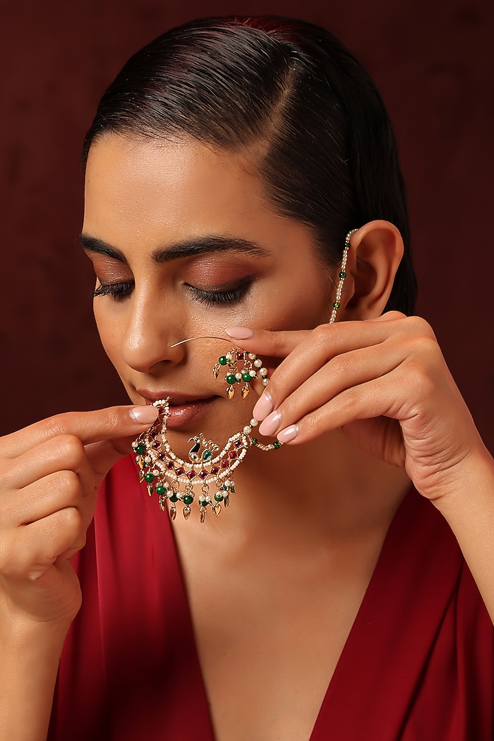 Gold Finish Kundan Polki & Pearl Nose Ring by Swabhimann Jewellery at Pernia's Pop Up Shop