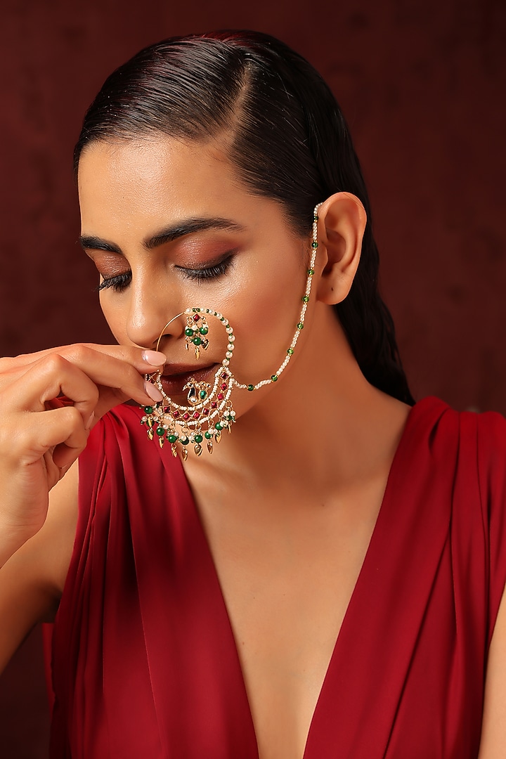 Gold Finish Kundan Polki & Pearl Nose Ring by Swabhimann Jewellery at Pernia's Pop Up Shop