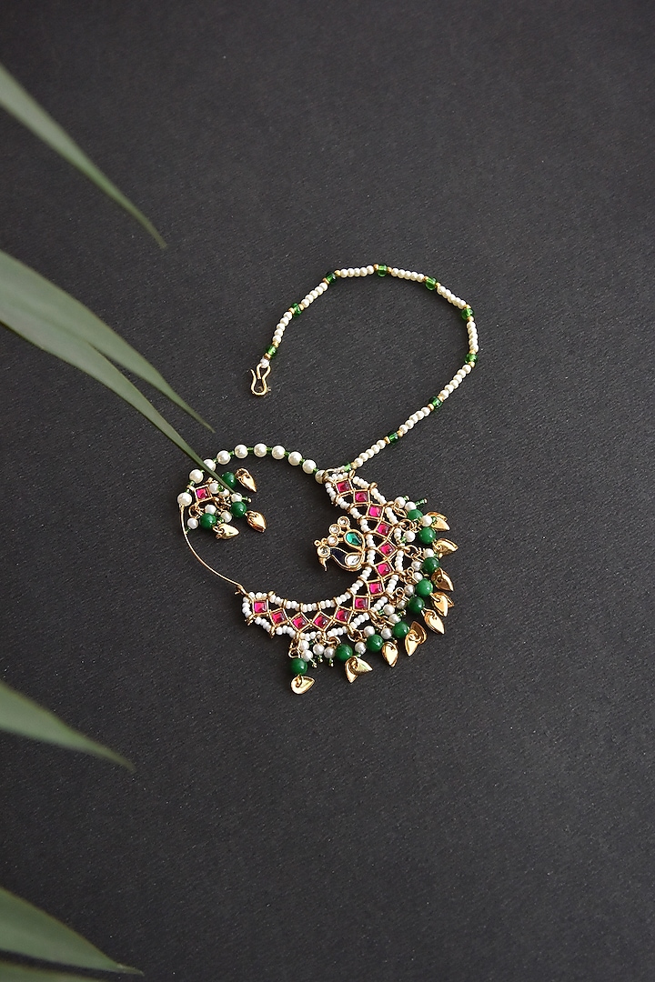 Gold Finish Kundan Polki & Pearl Nose Ring by Swabhimann Jewellery at Pernia's Pop Up Shop
