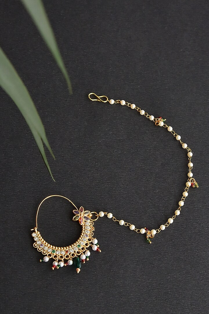 Gold Finish Kundan Polki & Pearl Nose Ring by Swabhimann Jewellery at Pernia's Pop Up Shop