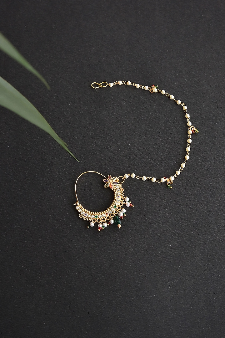 Gold Finish Kundan Polki & Pearl Nose Ring by Swabhimann Jewellery at Pernia's Pop Up Shop