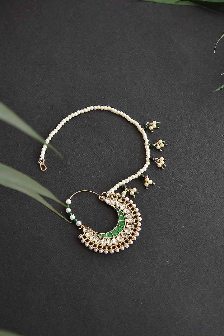 Gold Finish Kundan Polki & Pearl Nose Ring by Swabhimann Jewellery at Pernia's Pop Up Shop